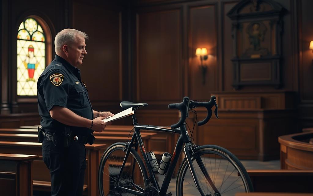 A Dimly Lit Courtroom Interior, With Wooden Benches And A Sturdy Oak Desk Serving As The Focal Point. A Police Officer Stands In The Foreground, Holding A Bicycle And Discussing Legal Documents With A Concerned-Looking Cyclist. Soft Lighting Filters Through The Stained-Glass Windows, Casting A Warm, Somber Tone. The Scene Conveys The Gravity Of The Legal Interpretation Surrounding A Bicycle Dui Case, With The Officer'S Expression And The Cyclist'S Posture Hinting At The Consequences They May Face. The Overall Composition Emphasizes The Intersection Of Law, Transportation, And Personal Responsibility.