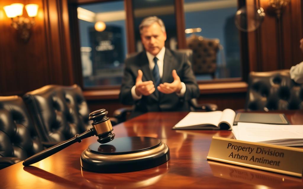 A Dimly Lit Legal Office, With A Mahogany Desk And Leather Chairs In The Foreground. On The Desk, A Gavel, A Stack Of Documents, And A Nameplate That Reads &Quot;Property Division Annulment.&Quot; In The Middle Ground, A Solemn-Looking Attorney In A Sharp Suit, Gesturing Emphatically While Discussing The Case With A Client. The Background Is Blurred, But Suggests A Window Overlooking A Cityscape, Hinting At The Broader Implications Of The Legal Proceedings. The Lighting Is Warm And Dramatic, Creating A Sense Of Gravity And Importance. The Overall Atmosphere Conveys The Weight And Complexity Of A Unilateral Annulment Case.