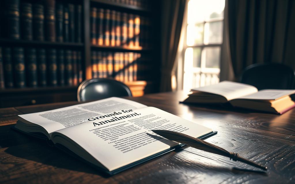 A Dimly Lit Legal Office, With A Wooden Desk In The Foreground. On The Desk, An Open Book With The Title &Quot;Grounds For Annulment&Quot; And A Quill Pen. In The Middle Ground, A Bookshelf Lined With Leather-Bound Volumes, Casting Soft Shadows. The Background Features A Window With Sunlight Filtering Through, Illuminating The Scene With A Warm, Contemplative Glow. The Overall Mood Is One Of Thoughtful Deliberation, As If Considering The Legal Intricacies And Requirements For Annulment.