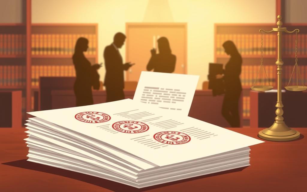 A Meticulously Detailed Illustration Of The Annulment Process Steps. A Formal, Legal-Themed Composition With A Clean, Minimalist Aesthetic. In The Foreground, A Stack Of Official Documents And Court Stamps, Conveying The Official, Procedural Nature Of The Annulment Process. In The Middle Ground, Silhouettes Of People Interacting With These Documents, The Annulment Petitioners Navigating The Legal System. In The Background, A Backdrop Of Mahogany Furniture And Law Books, Evoking The Serious, Authoritative Atmosphere Of A Courthouse Or Law Office. Soft, Warm Lighting Casts A Professional, Authoritative Glow Over The Scene. The Overall Mood Is One Of Seriousness, Formality, And Attention To Legal Detail.