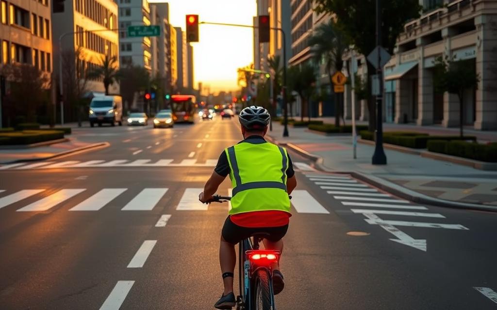 A Tranquil Urban Street Scene At Dusk, Bathed In Soft Golden Light. In The Foreground, A Cyclist Wearing A Reflective Safety Vest Navigates The Bike Lane With Caution, Their Bike Outfitted With Bright Led Lights. The Middle Ground Features Well-Marked Crosswalks And Traffic Signals, Encouraging Responsible Sharing Of The Road Between Cyclists, Pedestrians, And Motorists. In The Background, Neatly Landscaped Sidewalks And Buildings Create A Sense Of Safety And Community. The Overall Atmosphere Conveys The Importance Of Making Wise, Sober Choices When Cycling To Prevent Impaired Driving Incidents.