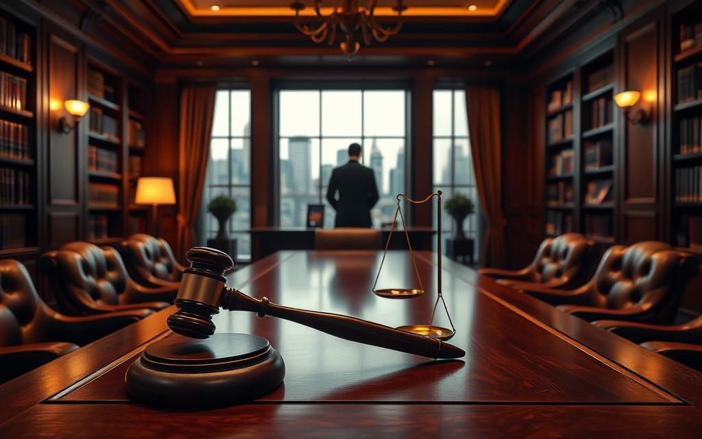 An Elegant Law Office Interior, Dimly Lit With Warm Golden Lighting, Showcasing A Large Wooden Desk, Leather Armchairs, And Bookshelves Lining The Walls. In The Foreground, A Gavel And Scales Of Justice Sit Prominently On The Desk, Symbolizing The Gravity Of Criminal Defense. The Middle Ground Features A Silhouetted Figure, Likely A Lawyer, Standing At The Desk, Deep In Thought. The Background Depicts A City Skyline Through Large Windows, Hinting At The High-Stakes Nature Of The Work. The Overall Atmosphere Exudes Professionalism, Authority, And A Commitment To Justice. An Elegant Law Office Interior, Dimly Lit With Warm Golden Lighting, Showcasing A Large Wooden Desk, Leather Armchairs, And Bookshelves Lining The Walls. In The Foreground, A Gavel And Scales Of Justice Sit Prominently On The Desk, Symbolizing The Gravity Of Criminal Defense. The Middle Ground Features A Silhouetted Figure, Likely A Lawyer, Standing At The Desk, Deep In Thought. The Background Depicts A City Skyline Through Large Windows, Hinting At The High-Stakes Nature Of The Work. The Overall Atmosphere Exudes Professionalism, Authority, And A Commitment To Justice.