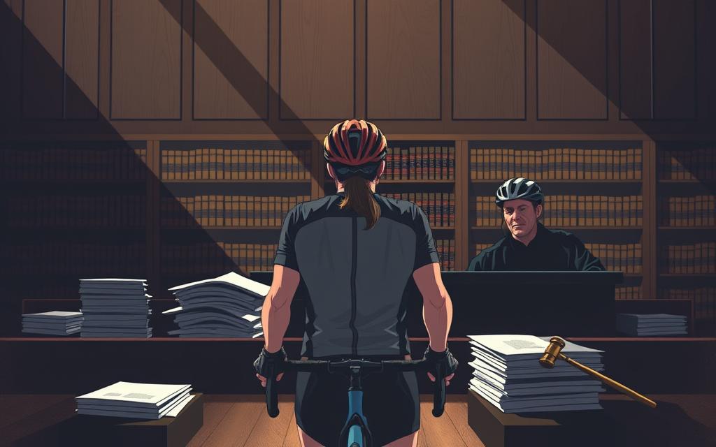 An Intricately Detailed Illustration Depicting State-Specific Bicycle Dui Laws. Set Against A Backdrop Of A Dimly Lit Courtroom, With Shadows Casting Dramatic Angles. In The Foreground, A Cyclist In Cycling Gear Stands Before A Stern-Faced Judge, Their Expression Conveying The Gravity Of The Legal Proceedings. Surrounding Them, Stacks Of Legal Documents And A Gavel, Symbolizing The Judicial Process. In The Middle Ground, Shelves Of Law Books Line The Walls, Hinting At The Complexities Of The Statutes Governing Bicycle Intoxication Offenses. The Lighting Is Moody, Creating A Sense Of Tension And Importance Befitting The Sensitive Subject Matter.